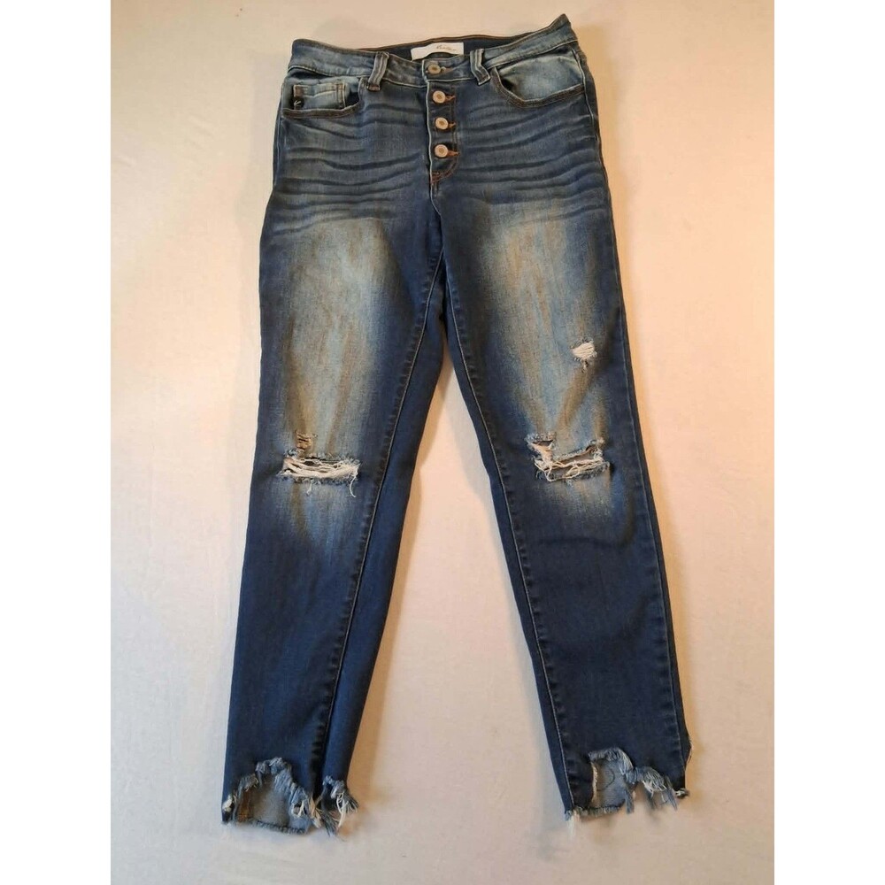 KanCan Jeans Womens 9 28 Distressed Skinny High Rise Button Fly Fray Cuff Blue